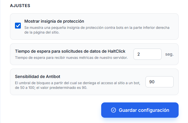 Panel de configuración Anti‑Bot