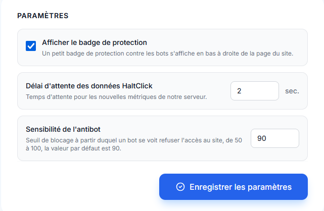 Tableau de bord des paramètres Anti‑Bot
