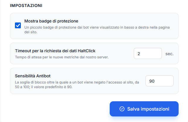 Dashboard delle impostazioni Anti‑Bot